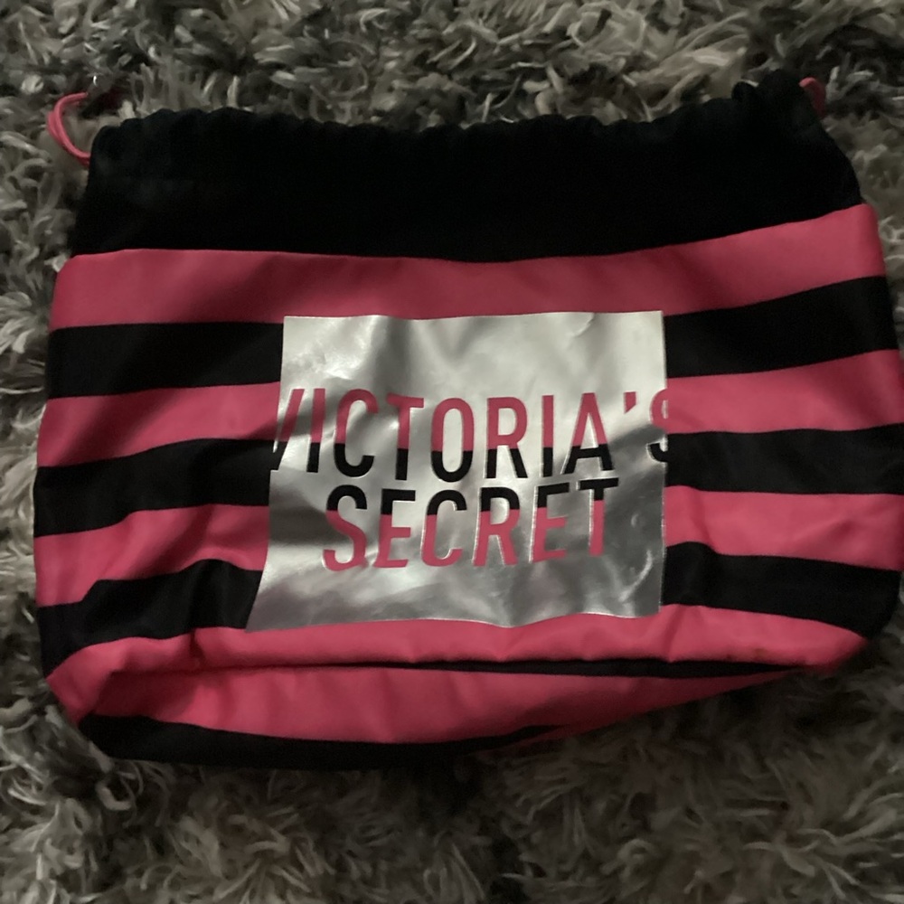 Victoria’s Secret Makeup Bag – Pink & Black Striped Cosmetic Pouch